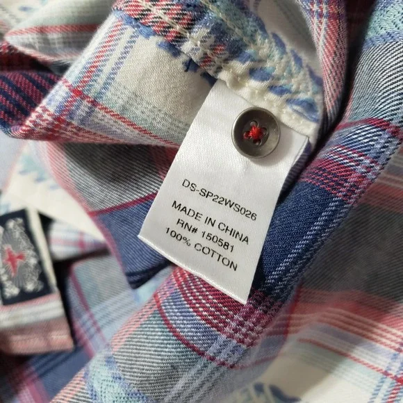 Desert Son Mens Plaid Snap Front Western Shirt XL Red Blue White Feather Print - Picture 10 of 13